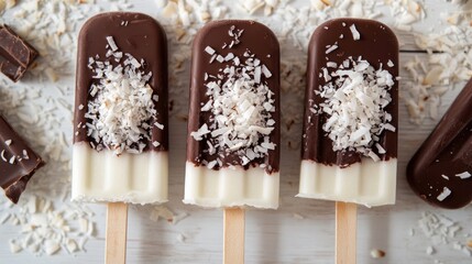 Wall Mural - Chocolate and Coconut Popsicles on White Wood