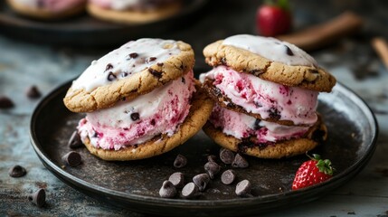 Wall Mural - Double-Decker Ice Cream Sandwiches with Chocolate Chips and Strawberries