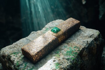 Canvas Print - Ornate golden ring with emerald gemstone on rocky surface under waterfall