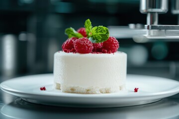 Wall Mural - Delicious white cake with fresh raspberries and mint leaves