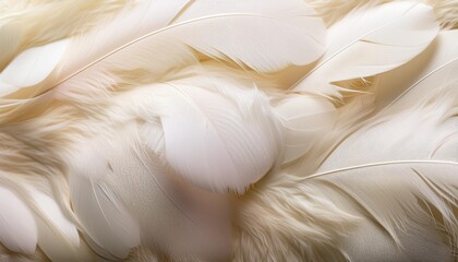 Poster - a close up photograph showcasing the intricate details of bird feathers arranged in a soft textured pattern of cream and white hues