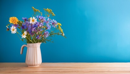 Canvas Print - vase with wildflowers on wooden table over blue wall background