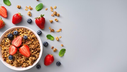 Poster - fresh berries granola and strawberries on a gray background