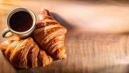 Poster - croissants on a wooden table with a cup of coffee