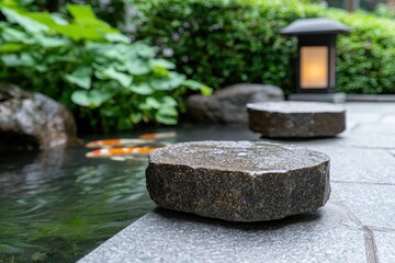 Canvas Print - Peaceful Japanese garden with stone lantern and koi pond