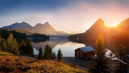 Poster - peaceful mountain retreat at sunrise or sunset misty hills soft glowing light tranquil lake