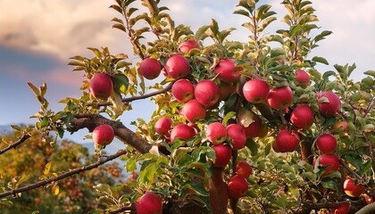 Poster - apples ripen on a columnar apple tree many apples turn red on the branches of the tree