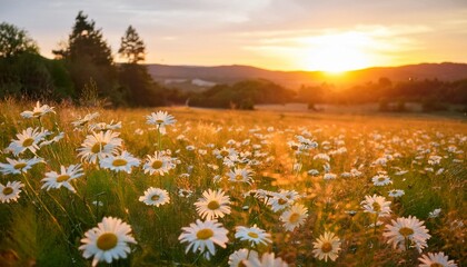 Poster - a captivating sunset casts golden light over a meadow teeming with daisies creating a colorful canvas of nature