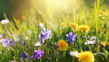 Wall Mural - wild flowers and grass closeup horizontal panorama photo