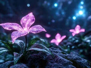 Wall Mural - Glowing purple flower in magical forest