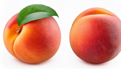 Wall Mural - ripe whole peach fruit with green leaf isolated on white background with clipping path full depth of field