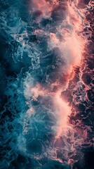 Poster - The image is a close up of ocean waves with a blue and pink color scheme