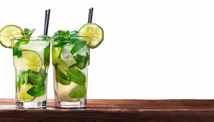 Poster - two mojito cocktails on wooden bar copy space composition with isolated background