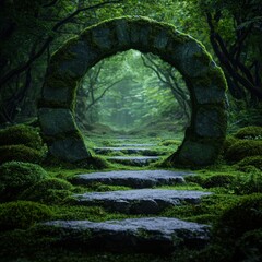 Wall Mural - Enchanting moss-covered archway in lush forest