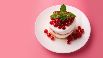 Wall Mural - layered dessert with whipped cream raspberries strawberries red currants and mint leaves on a white plate with a pink background close up photography generative ai