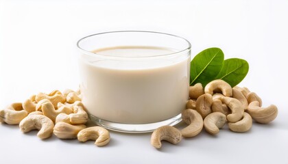 Sticker - cashew milk and cashews on white background