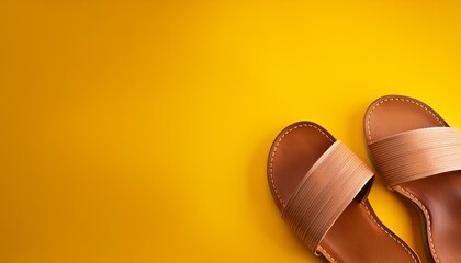 Poster - summer leather sandals on a yellow background