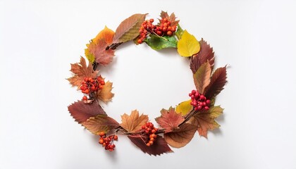 Poster - wreath of fall leaves and berries on white background