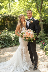 Sticker - a professional photo of a bride and groom in a very natural pose, background is the wedding venue in a garden