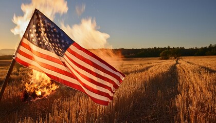 Wall Mural - a burning american flag in a rural field