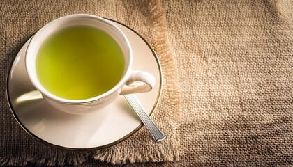 Canvas Print - a cup of green tea and on sackcloth vintage tone