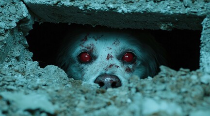 Poster - Creepy creature with glowing red eyes peering from dark cave