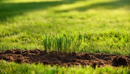 Poster - new grass growing from reseeding in green lush lawn