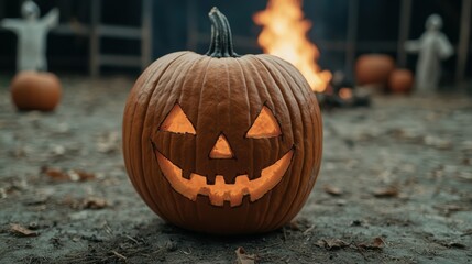 Wall Mural - carved halloween pumpkin with glowing eyes and mouth