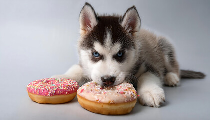 Poster - baby siberian husky eating a donut