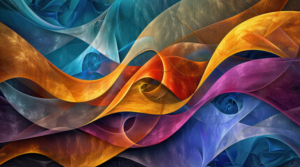 Wall Mural - Abstract art piece, flowing waves in warm and cool tones, vibrant and dynamic