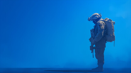 Wall Mural - Soldier Stands Ready, Blue Sky, Copy Space for Your Message