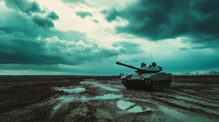 Wall Mural - Military tank on muddy field under dramatic sky.