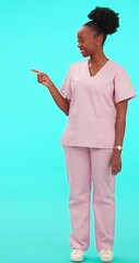 Sticker - Smile, pointing and checklist with a nurse black woman on blue background in studio for healthcare. Portrait, medical and confident with a young female medicine professional in scrubs for information