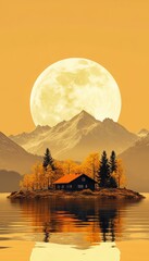 Wall Mural - Golden sky over island with yellow trees, house, moon reflection in lake, mountainous digital art