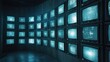 © Get it - Wall of vintage TV screens displaying static and digital patterns, dark blue and green background.