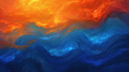 Wall Mural - An abstract landscape, undulating waves of orange and blue hues, harmonious blend