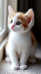 small white and orange kitten in front of an open window