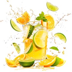 Wall Mural - Fruit splashing with water on yellow background. Citrus fruits