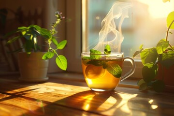 A_steaming_cup_of_lemon_tea_with_mint_leaves