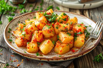 Wall Mural - Roasted or grilled potatoes on white plate.