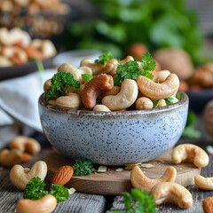 Wall Mural - messy snack bowl with seeds nuts cheese and vegetables