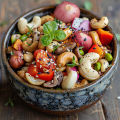 Wall Mural - messy snack bowl with seeds nuts cheese and vegetables