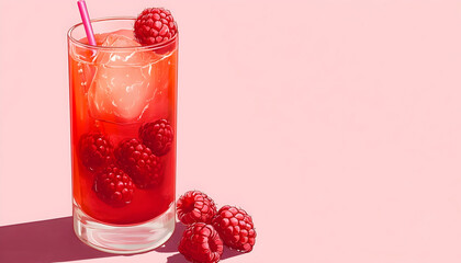 Illustration of a red cocktail with raspberries on a soft pink background