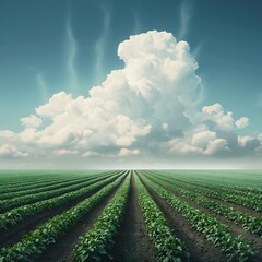 soybean field and blue sky with white clouds, agriculture background