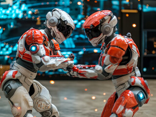 Sticker - Two robots are fighting each other in a ring. The robots are wearing white and red outfits