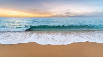 Wall Mural - tranquil beach scene at dusk, soft pastel colors in the sky and gentle waves lapping at the shore, p