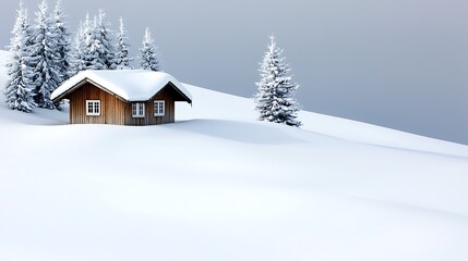 Wall Mural - winter wonderland scene with snow-covered trees and a small cabin, serene and isolated, perfect for 