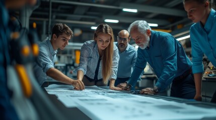 Wall Mural -  group of engineers looking at a technical electrical schematic on a table 