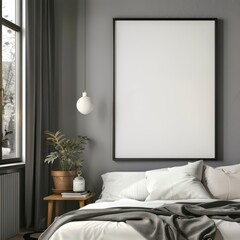 Wall Mural - stone-gray colored bedroom with black frame portrait