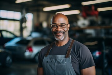 Wall Mural - Smiling portrait of a middle aged car mechanic in workshop